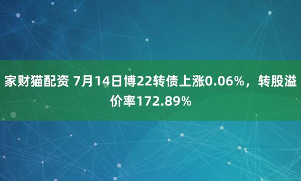 家财猫配资 7月14日博22转债上涨0.06%，转股溢价率172.89%
